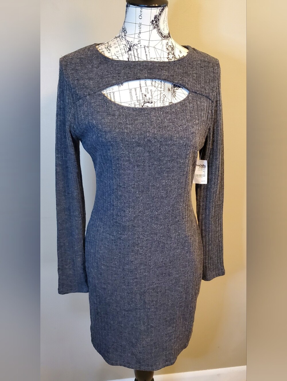 Charlotte Russe Women L Gray Ribbed Cutout Bodycon Dress Y2K NWT Made USA